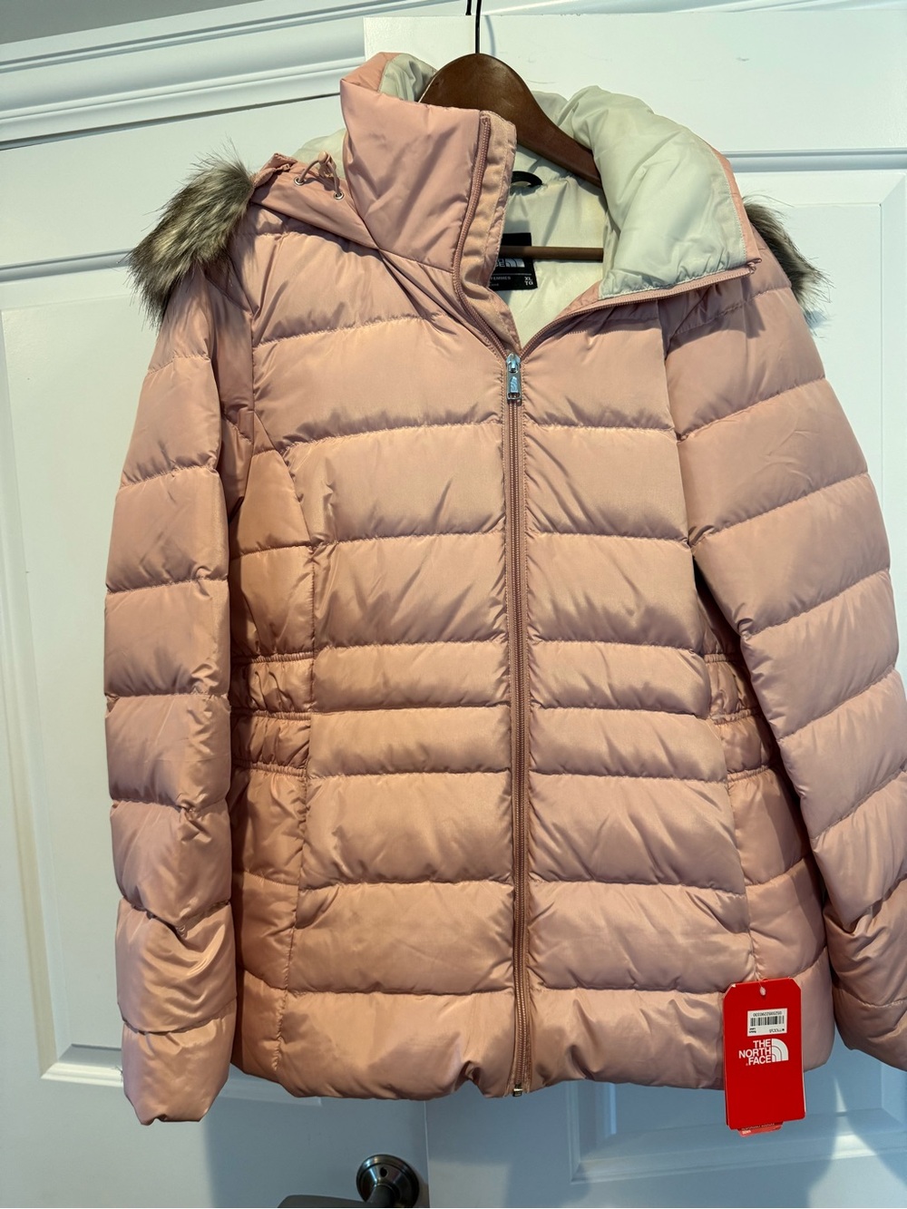 The North Face Women’s Blush Pink Quilted Puffer Jacket with Faux-Fur Hood